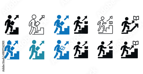 Success icons: figures climbing stairs with arrows and books in diverse styles