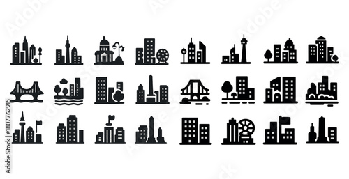 Silhouette icons of global city landmarks and architectural structures