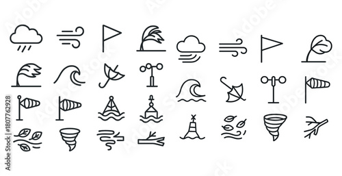 Weather icons collection: wind, rain, storm, tornado, wave illustrations