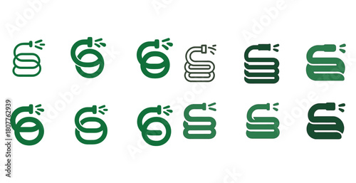 Green garden hose icon set with water spraying variations