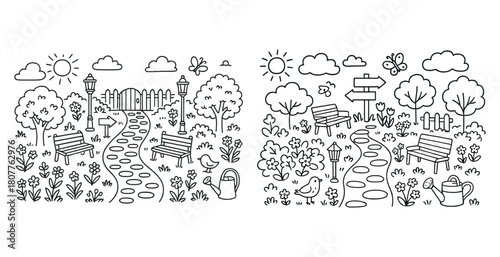 Coloring page with garden landscape and pathway for kids