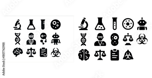 Science and technology icons featuring laboratory equipment and robots