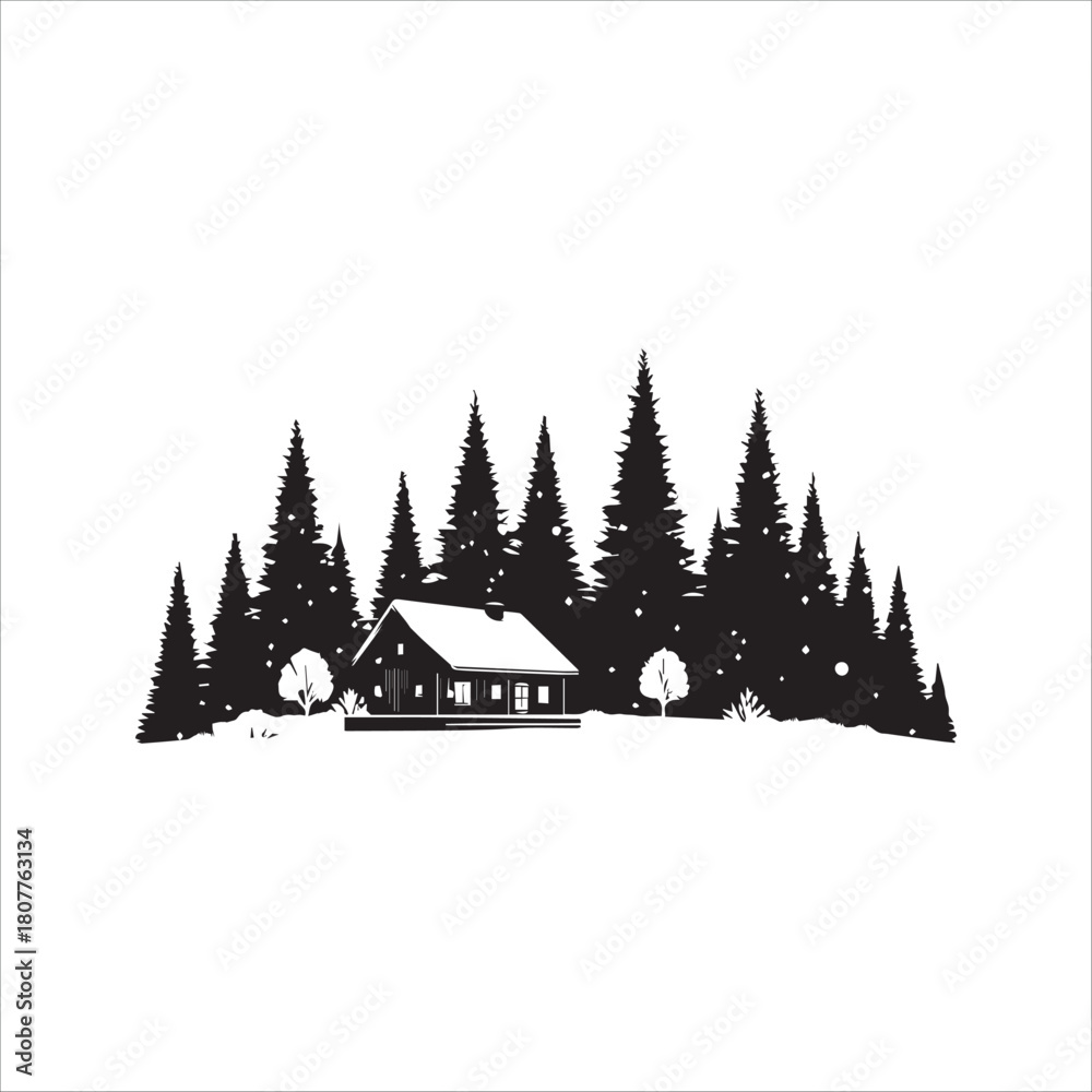 Obraz premium Black and White Winter Cabin in Snow Vector Illustration
