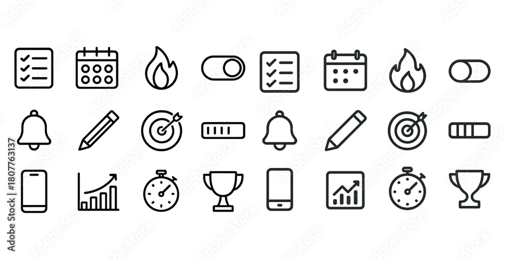 Naklejka premium Set of 24 minimalist black line icons: checklist, calendar, fire, toggle, bell, pencil, target, phone, chart