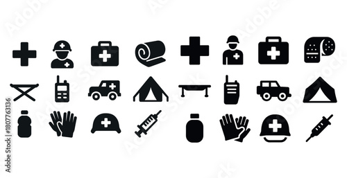 Emergency medical icons: first aid, rescue equipment, and safety symbols