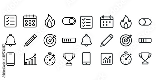 Set of 24 minimalist black line icons: checklist, calendar, fire, toggle, bell, pencil, target, phone, chart