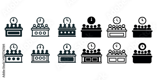 Diverse icon set of clocks and people at meeting conference tables