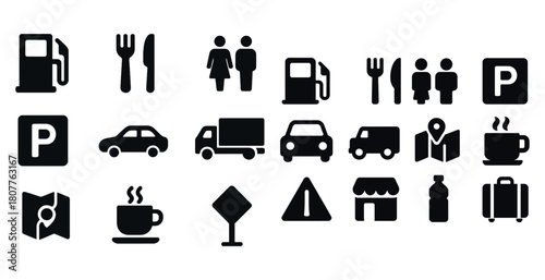 Travel icons set: gas station, restrooms, parking, dining, and more
