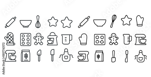 Line art kitchen tools and baking icons set for culinary design