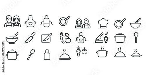 Line icons of kitchen utensils and cooking elements including chefs and ingredients