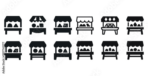 Set of 12 market stall icons in black and white silhouette design