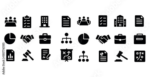 Business and office icons set featuring meetings, documents, and strategy planning