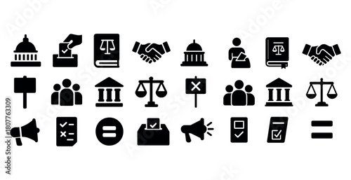 Set of election and justice icons: voting, scales, law, government symbols