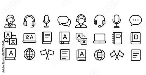 Black and white communication icons set featuring translation, headphones, and notebooks