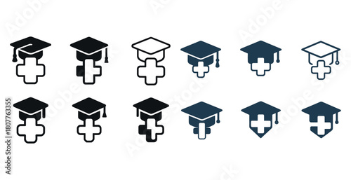 Graduation cap and medical cross icons set in various styles