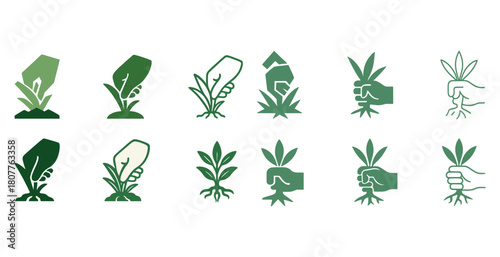 Set of twelve green hand gestures pulling grass and plants