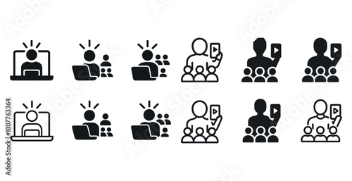 Video conference and online meeting icon set in black and white