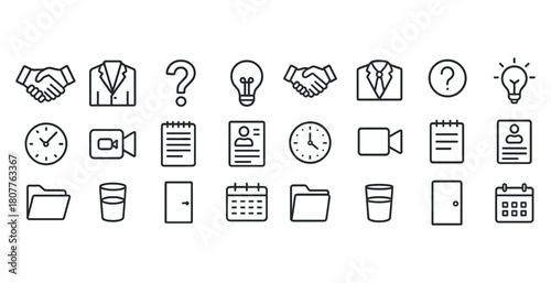 Business and office icons collection: handshake, suit, lightbulb, clock, calendar, folder