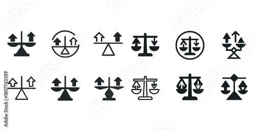 Set of balance icons featuring various scales and arrows in black and white