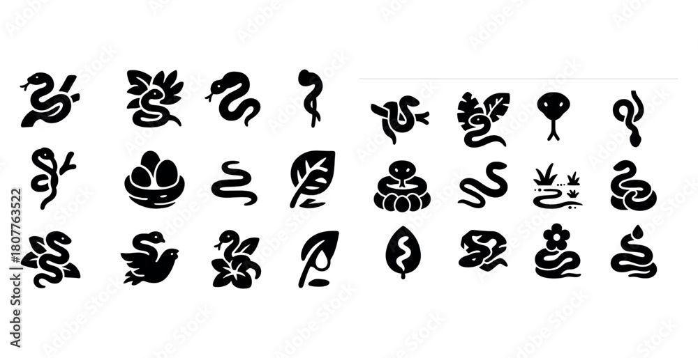 Naklejka premium Collection of stylized snake and nature symbols in black and white