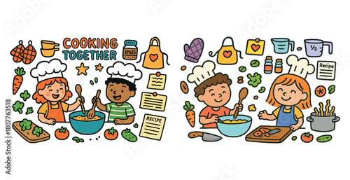 Children cooking together: fun kitchen activity with diverse kids and ingredients
