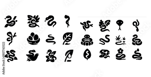 Collection of stylized snake and nature symbols in black and white