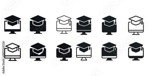 Black and white graduation cap icons on computer symbols illustrating online education