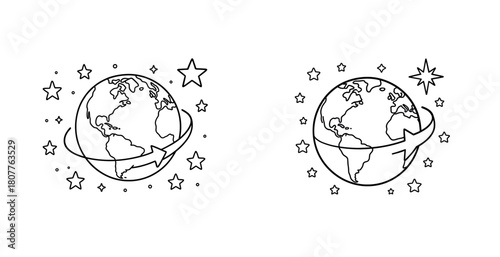 Cartoon globe drawings with stars and arrows on white background
