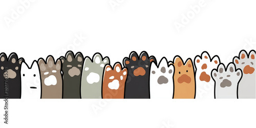 Group of adorable cartoon pet paws waving in a seamless border.