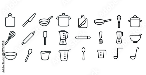 Minimalist kitchen utensils outline set for cooking and baking