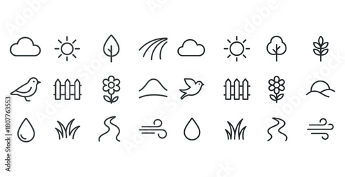 Minimalist nature icons set featuring weather, plants, and wildlife elements in simple line art style