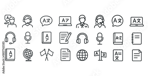 Language translation icons set: headsets, books, flags, globes, and microphones in linear style