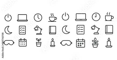 Minimalist office and relaxation icons: power, laptop, clock, coffee, moon, checklist, lamp, book, sleep