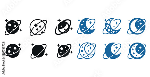 Set of celestial icons: planets and moons with stars in black and blue variations