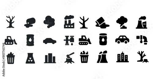 Environmental pollution icons: factories, waste, trees, vehicles, air and water