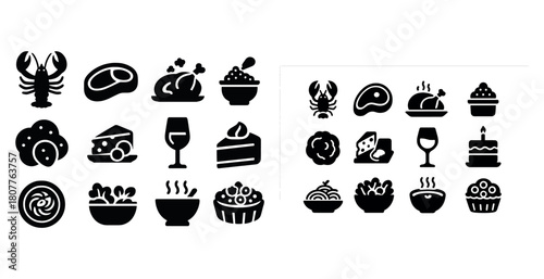 Black and white food icons collection: lobster, steak, chicken, salad, wine, dessert