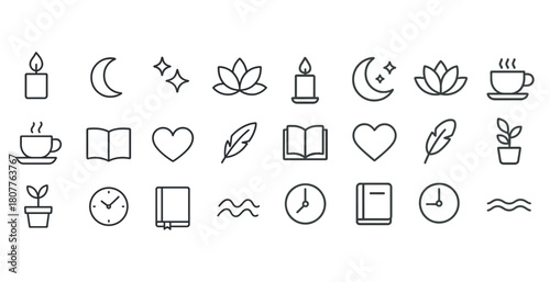 Minimalist icon set featuring nature objects and everyday items in simple line art