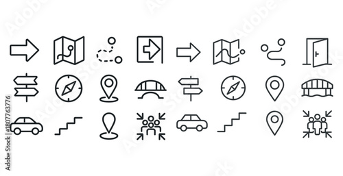 Navigation icons set: arrows, maps, compasses, and location markers