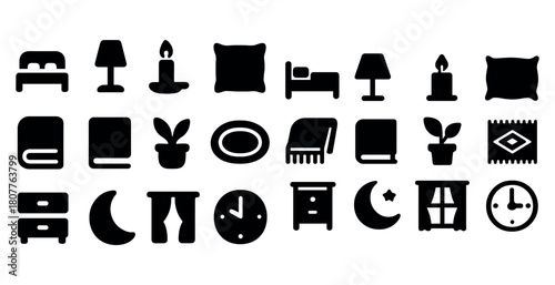 Collection of minimalist home decor icons featuring furniture and accessories