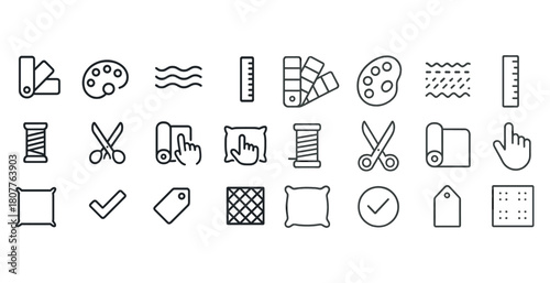 Sewing and crafting icons including scissors thread palette and ruler