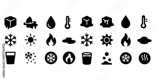 Collection of weather and temperature icons including snowflakes and thermometer