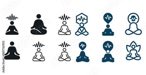Meditation icon set featuring mindfulness and brainwave symbols in various styles