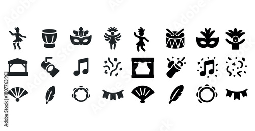 Carnival icons: masks, dancers, drums, music notes, festive symbols