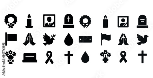 Funeral and memorial icons set featuring candles, crosses, and doves