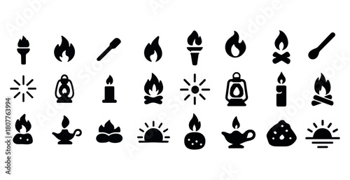 Silhouette icons of fire, torch, candle, lantern, sun, campfire, lamp, and flame symbols