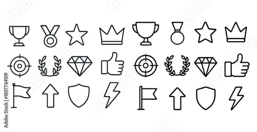 Outline icons of trophies, medals, and symbols for achievements and success