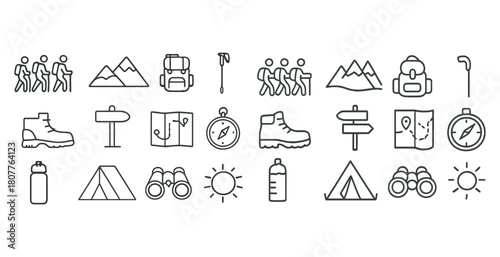 Outline icons of hiking equipment and activities for outdoor adventures