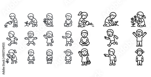 Cartoon children engaging in play and gardening activities