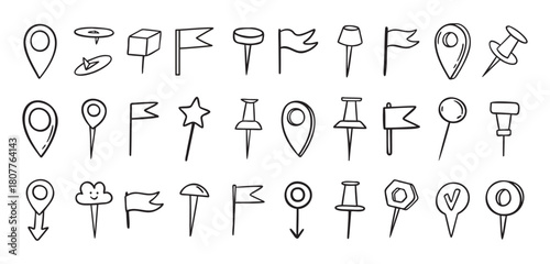 Pins hand drawn doodle set. Pin line drawing style for planner or map. Pins variable icons
