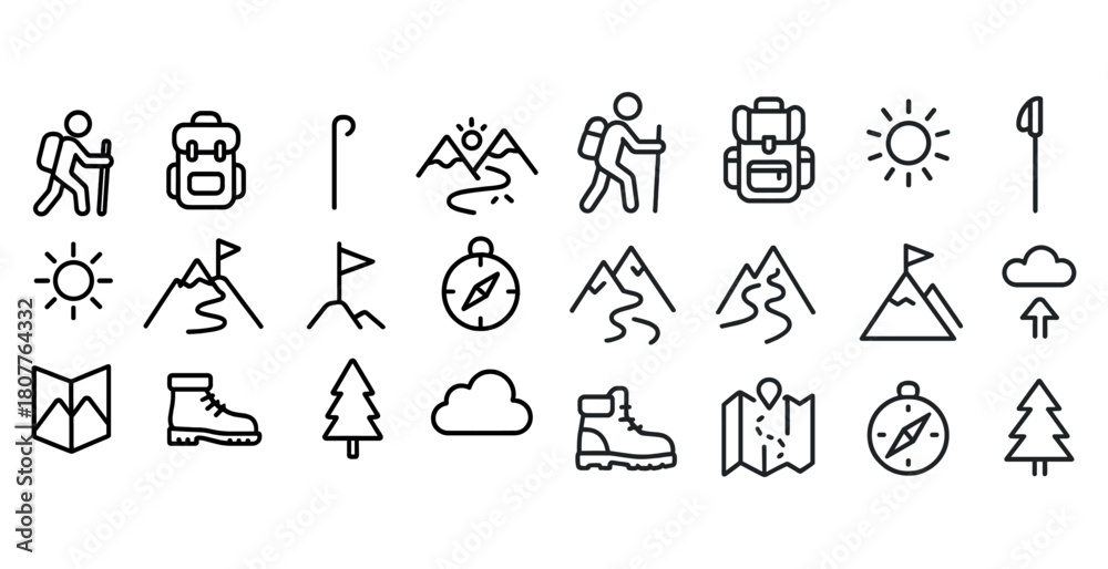 Fototapeta premium Hiking and adventure icons including backpack, compass, mountain, and sun symbols